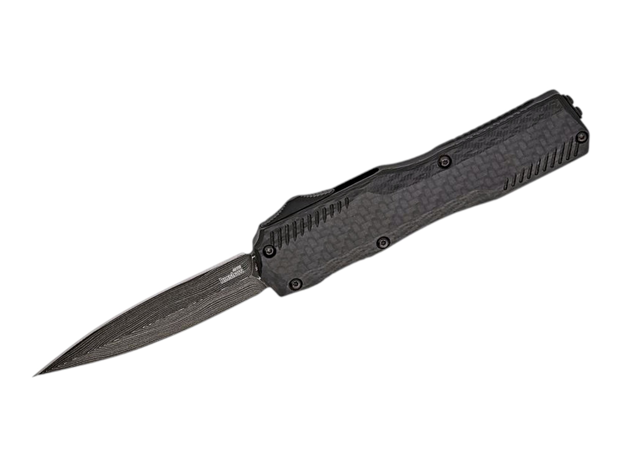 Kershaw Livewire 9000DECFDAM Damascus D/E Dagger, OTF, Carbon Fiber