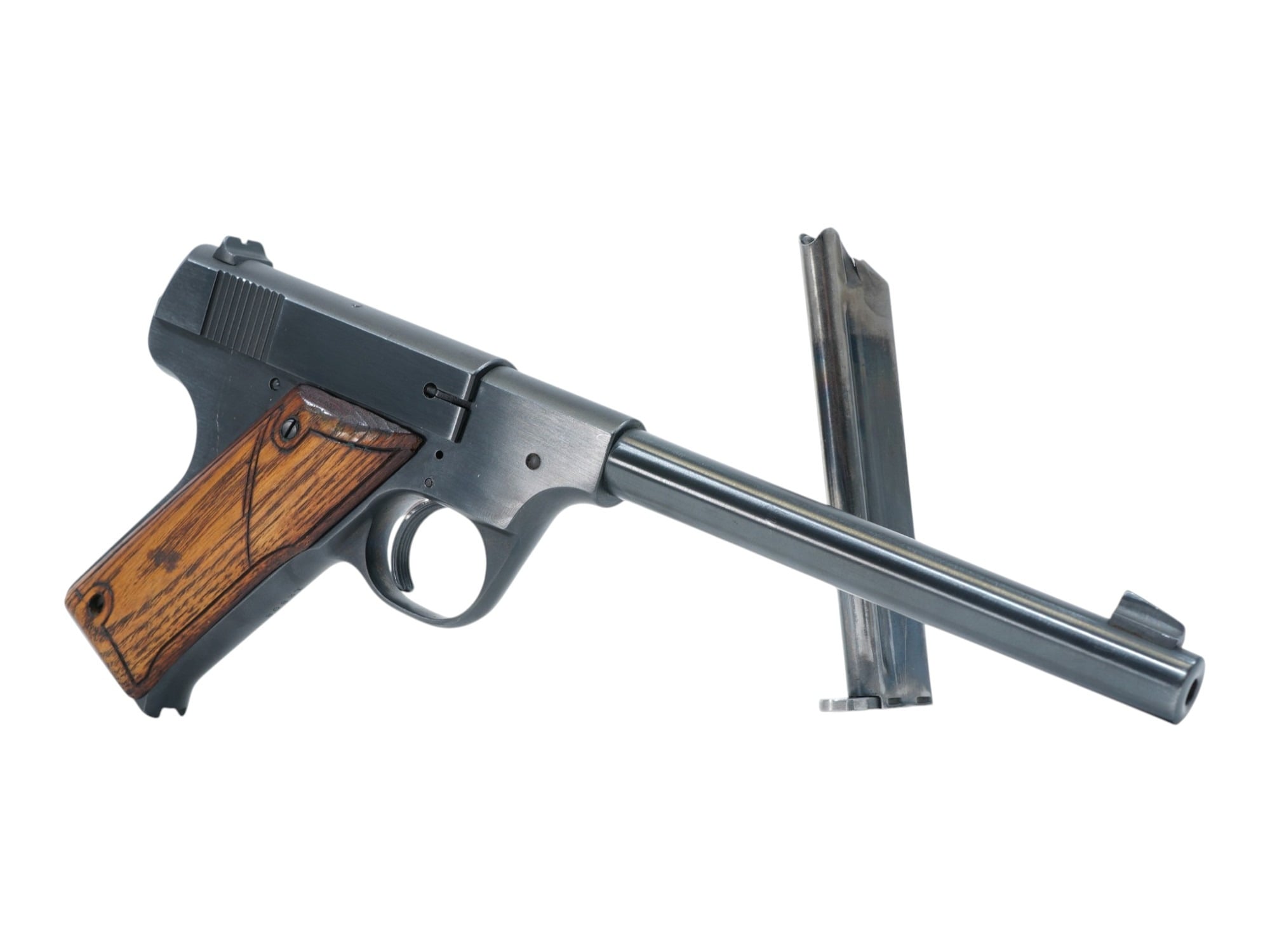 Hi-Standard Model B 22 LR 10rd, Walnut Target Grips, Blued