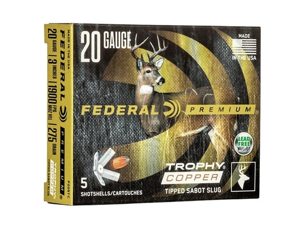 Federal Trophy Copper 20GA Ammo, 3" 257gr Sabot Slug, 5/Box · UPC 029465029265